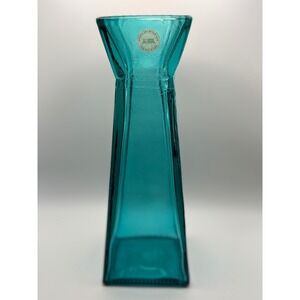 San Miguel Teal Blue Recycled Glass Vase Hand Made in Spain Square Geometric 10"